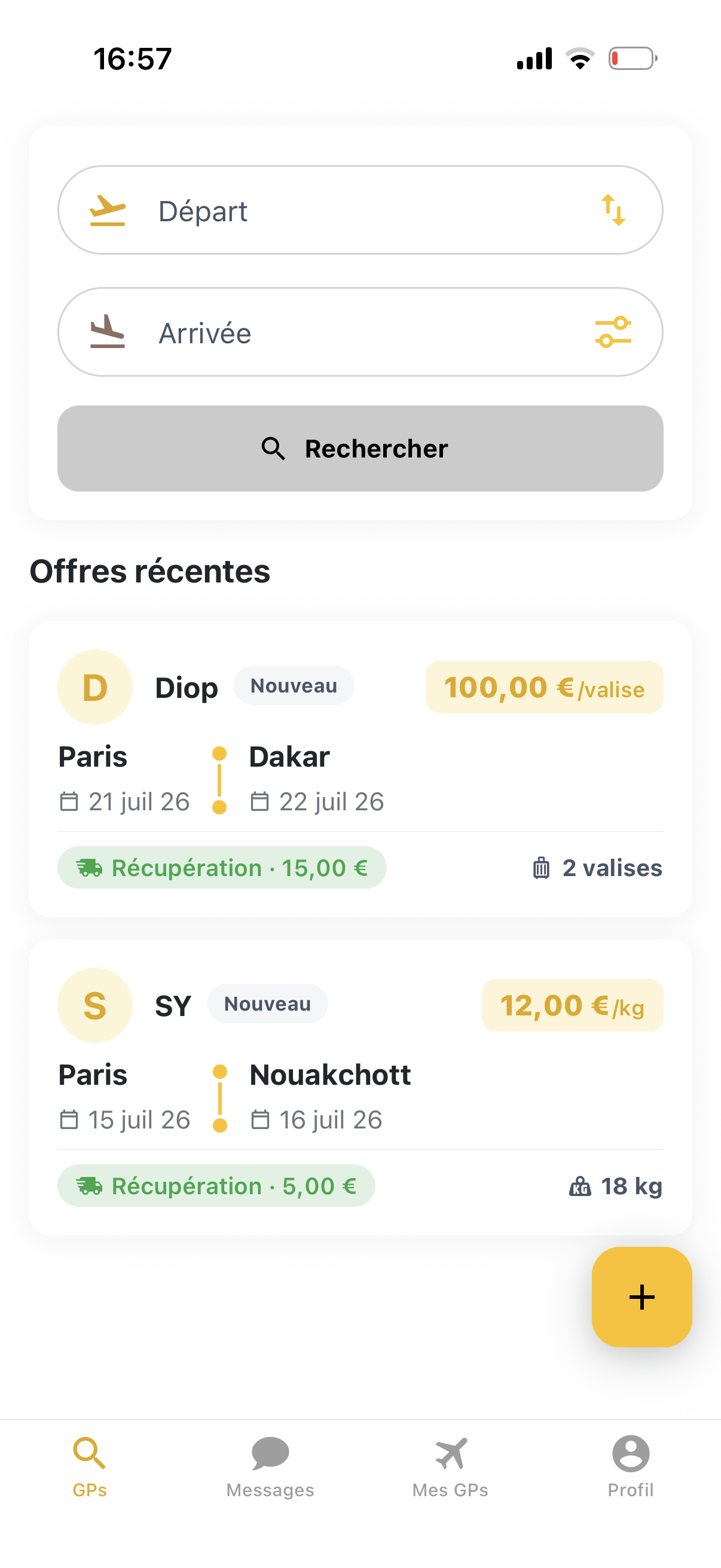 Écran de recherche de trajets dans l’application GPackGo